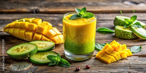 Refreshing Mango Cucumber Blend - Rustic Wood Photography - AI Art