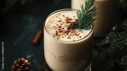 Spiced eggnog adorned with evergreen sprigs presented in a glass with a moody dark background photo