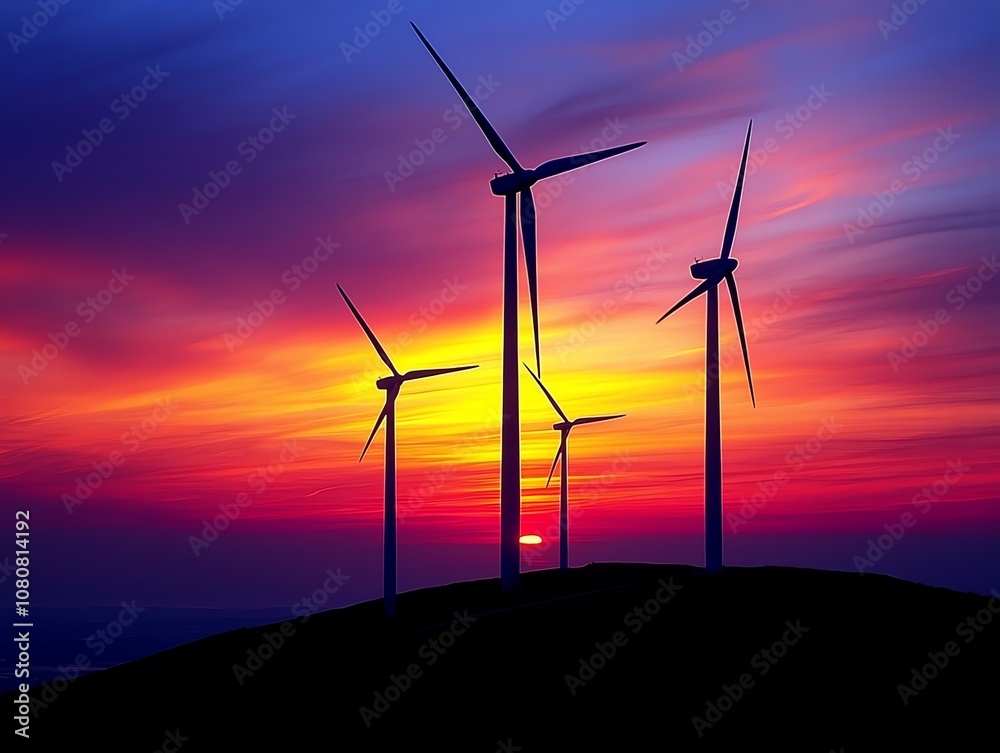 Obraz premium Wind turbines silhouetted against a vibrant sunset, symbolizing clean energy and renewable resources.