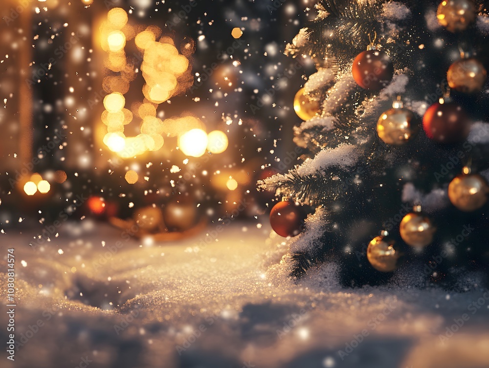 Naklejka premium Beautiful Christmas Scene with Snowy Exterior, Glowing Lights, and Bright Ornaments on a Festive Tree Creating a Warm Holiday Atmosphere
