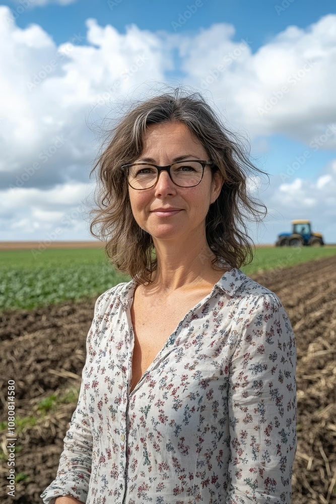 Woman wearing glasses in a field with a tractor in Woman wearing glasses in a field with a tractor in