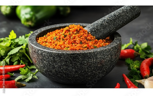 Freshly ground spice blend in a traditional mortar and pestle with herbs and chilies.