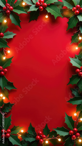 Flat lay vertical Christmas banner with space for text framed by holly leaves with berries and neon lights on a red background photo