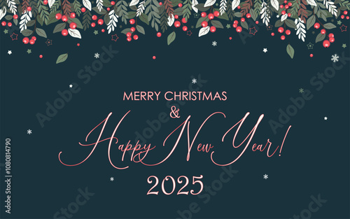 Vector illustration. New Year banner design with mistletoe leaves, stars, snowflakes on dark background. Banner, frame, New Year's card, Christmas greetings, advertising Merry Christmas 