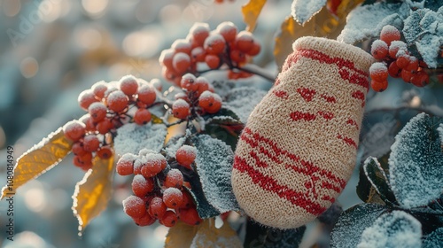 Winter mittens on snow-dusted berries: cozy cold weather vibe photo