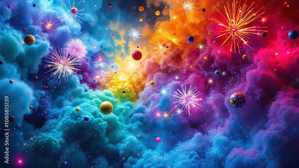 Fototapeta premium Vibrant cosmic explosion with colorful fireworks and celestial bodies in a dreamlike space