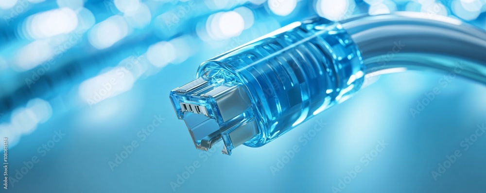 Transparent rj45 network connector cable transmitting data on blurred background Transparent rj45 network connector cable transmitting data on blurred background