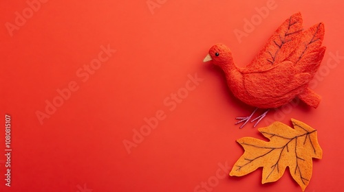 Thanksgiving background with a cute felt turkey on red-orange colored paper,