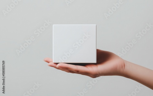 Hand holding a blank white box on a light background.