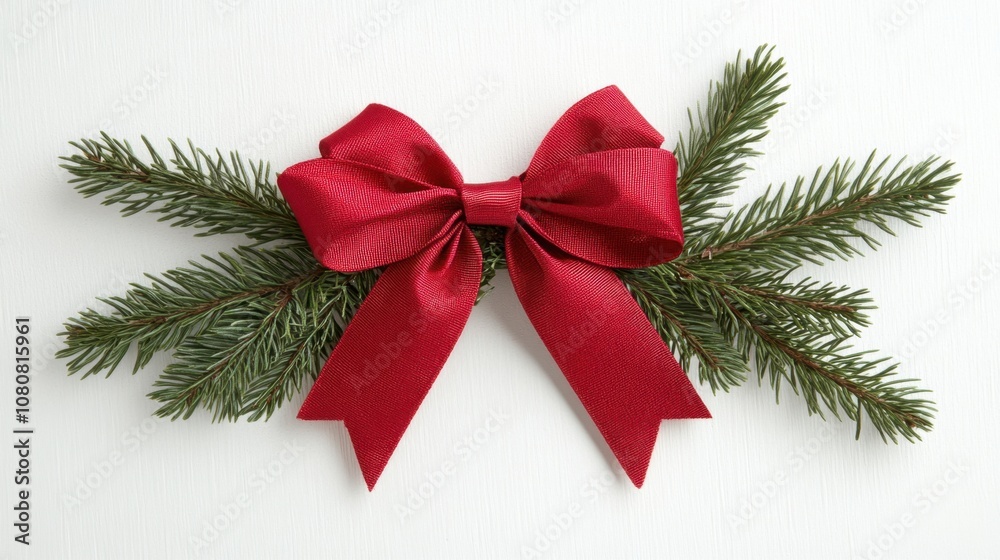Elegant Red Bow with Fresh Evergreen Sprigs for Holiday Decor, Perfect for Christmas Celebrations, Gifts, and Festive Decorations Elegant Red Bow with Fresh Evergreen Sprigs for Holiday Decor, Perfect for Christmas Celebrations, Gifts, and Festive Decorations