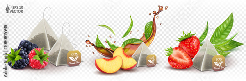 Vector set of flavored fruit ice tea isolated on white background. Gourmet flavors, strawberry, peach, vanilla. Realistic transparent tea or cola splash. 3d food illustration, advertising design