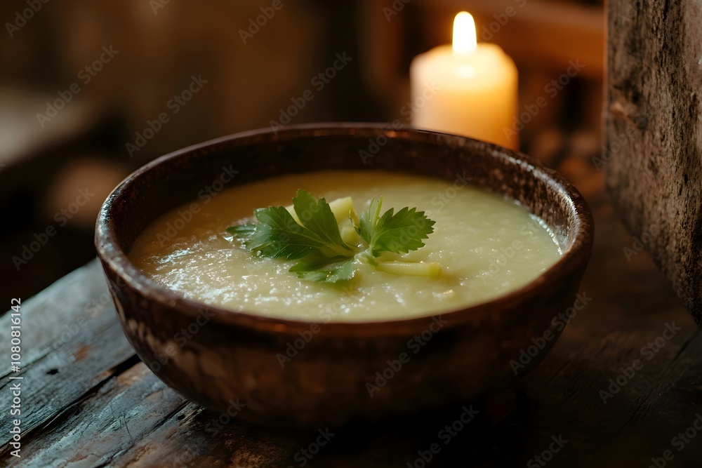 Close-up of creamy celery soup, soupe de céleri, in a rustic bowl with celery leaf garnish, on a wooden tavern table with crusty baguette. Dim lighting and stone walls add charm Close-up of creamy celery soup, soupe de céleri, in a rustic bowl with celery leaf garnish, on a wooden tavern table with crusty baguette. Dim lighting and stone walls add charm