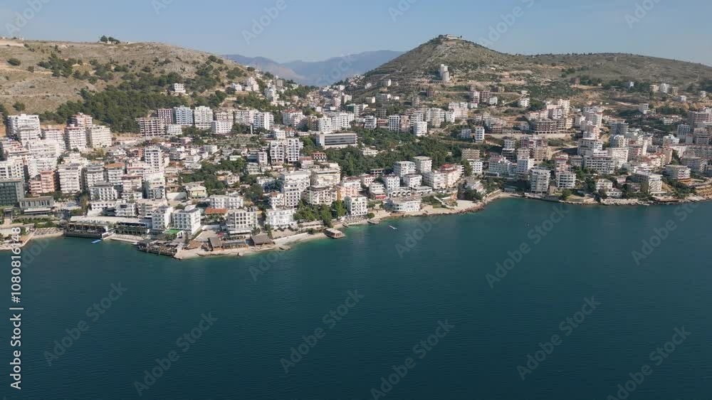Aerial drone video of the coastal town named Sarandë in Albania. Aerial drone video of the coastal town named Sarandë in Albania.