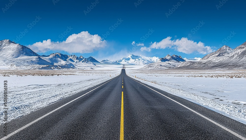 A scenic road stretches through a snowy landscape, with majestic mountains under a clear blue sky, creating a serene winter atmosphere. A scenic road stretches through a snowy landscape, with majestic mountains under a clear blue sky, creating a serene winter atmosphere.