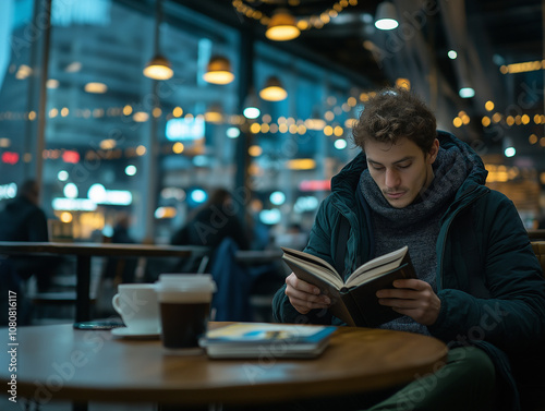 Young adult reading fantasy novel in cafe with coffee