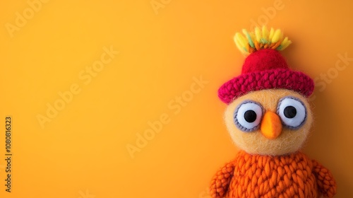 Thanksgiving background with a cute felt turkey on red-orange colored paper,