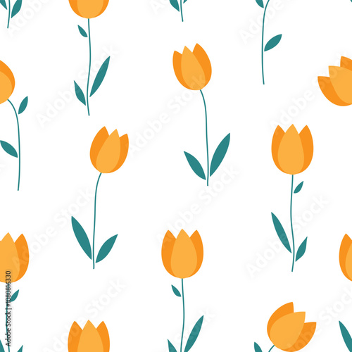 Seamless pattern with tulips. Spring flowers on white background. Vector illustration.  It can be used for wallpapers, wrapping, cards, patterns for clothes and other.