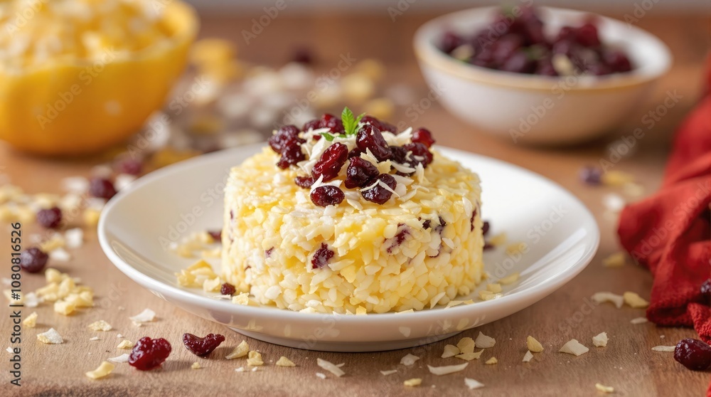 Food photography of a rice cake topped with dried cranberries and sprinkled with vibrant yellow coconut flakes, shot in high detail with soft natural lighting Food photography of a rice cake topped with dried cranberries and sprinkled with vibrant yellow coconut flakes, shot in high detail with soft natural lighting