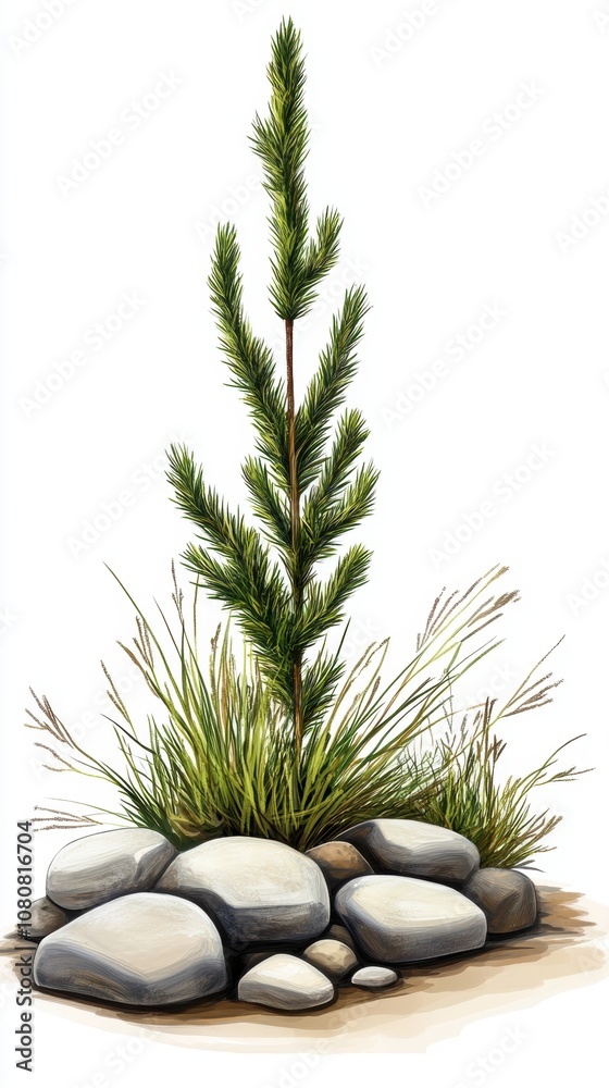 Fototapeta premium Pine sapling surrounded by rocks and grass, white isolated background.