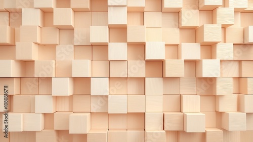 Soft sheen, 3D mosaic tiles form an intricate arabesque wall, crafted from stacked wooden blocks, creating a textured natural backdrop for various applications.