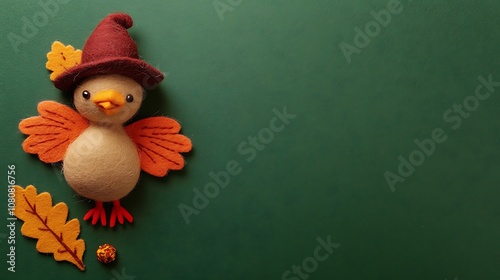 Photo of a cute, happy felt turkey wearing a hat on a green background, in a flat lay, top-view composition,