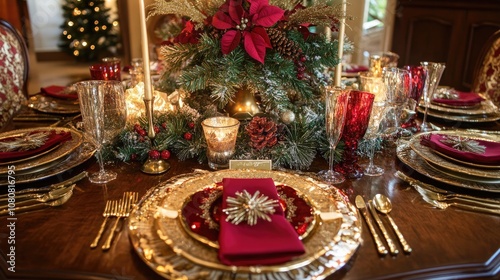 A beautifully decorated Christmas table with gold and red place settings, candles, and a sparkling centerpiece