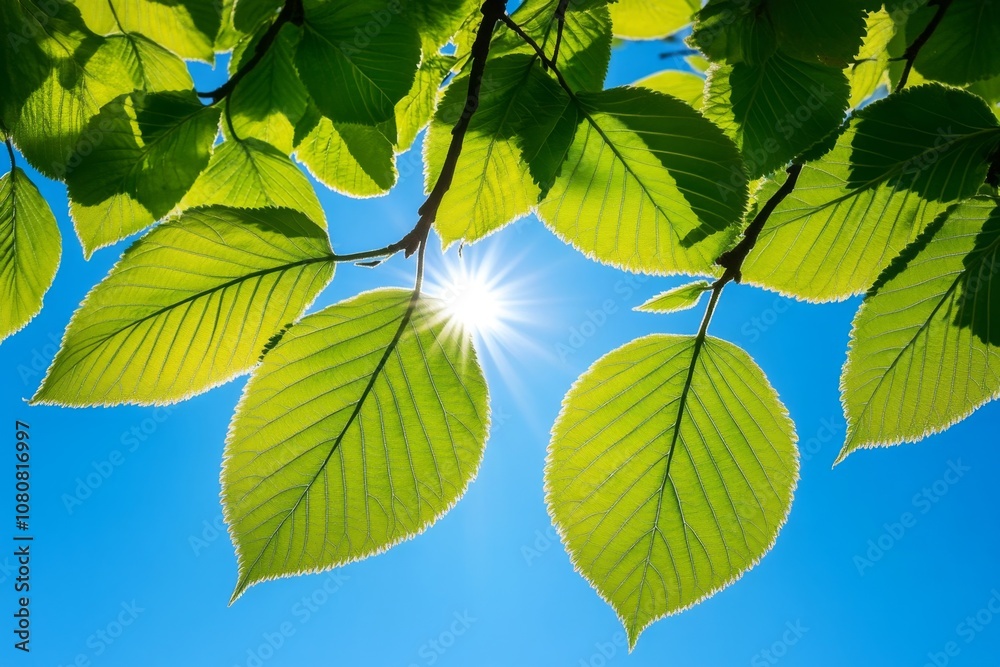 Fresh green leaves budding on tree branches against a clear blue sky, symbolizing new life Fresh green leaves budding on tree branches against a clear blue sky, symbolizing new life