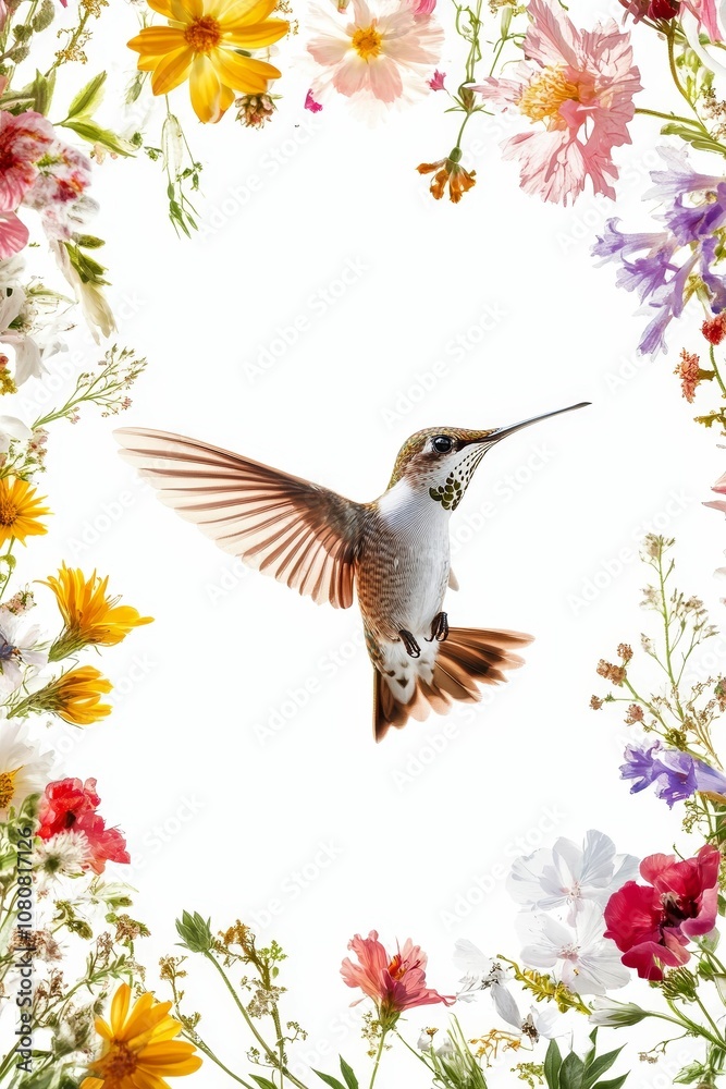 Naklejka premium Hummingbird flying through colorful flowers.