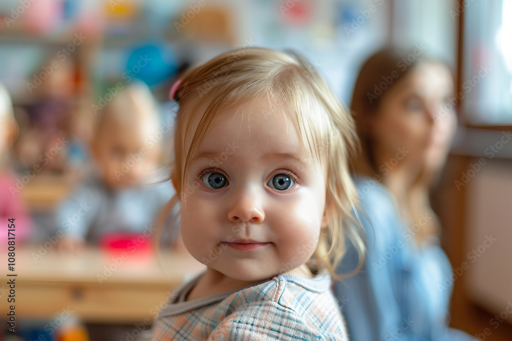Generative AI Image of Adorable Baby in Daycare Setting Engaging with Colorful Toys and Nanny at Home Generative AI Image of Adorable Baby in Daycare Setting Engaging with Colorful Toys and Nanny at Home