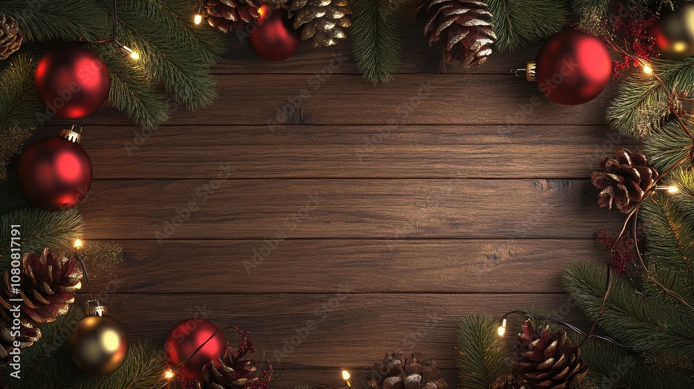A blank Christmas greeting card on a cozy, holiday-themed background with red and gold ornaments, pine cones, and festive lights, inviting warm Christmas messages. A blank Christmas greeting card on a cozy, holiday-themed background with red and gold ornaments, pine cones, and festive lights, inviting warm Christmas messages.