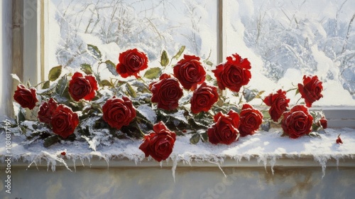 A Beautiful Display of Red Roses on a Snowy Windowsill, Capturing the Contrast Between Winter and Vibrant Floral Beauty in a Serene Indoor Setting photo