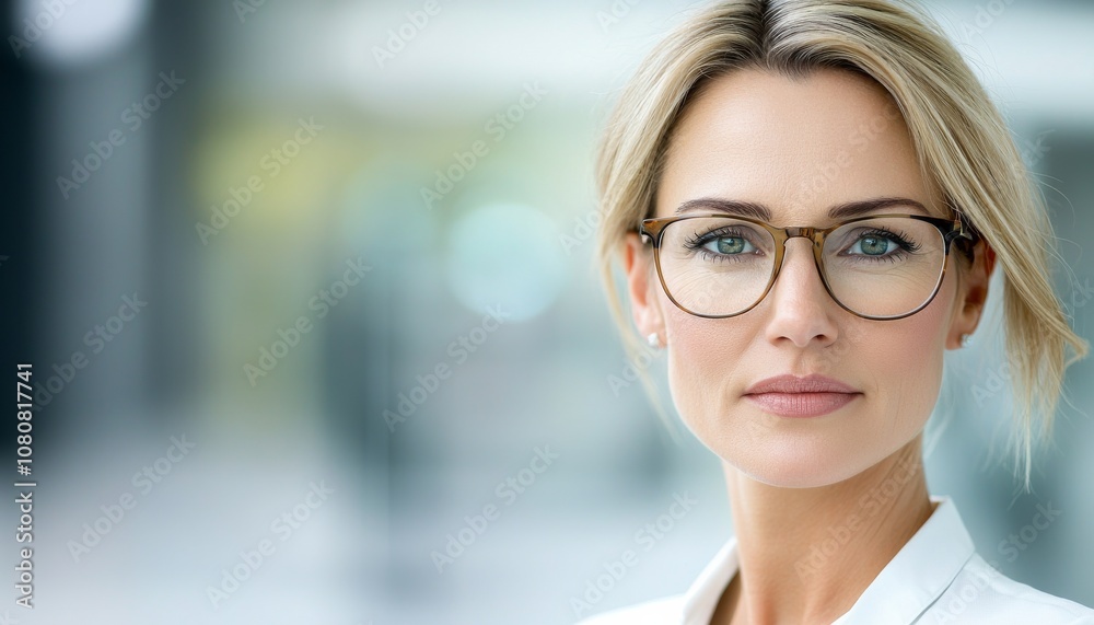 A confident woman with glasses stares directly at the camera, showcasing a professional demeanor in a modern setting. A confident woman with glasses stares directly at the camera, showcasing a professional demeanor in a modern setting.