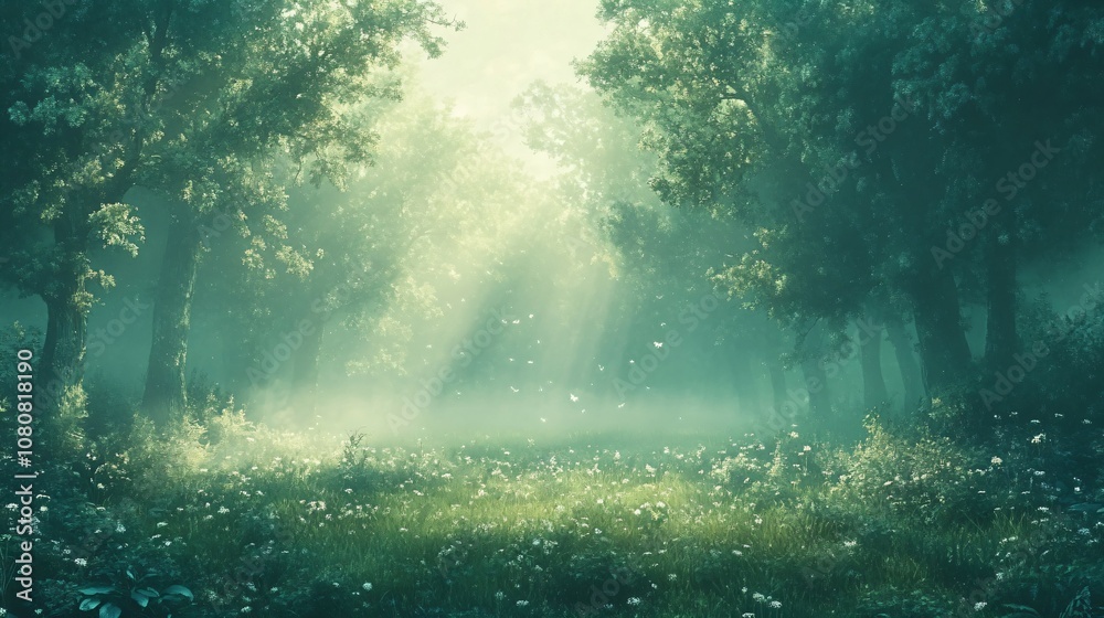 A peaceful and serene landscape of a misty forest, with trees and foliage in soft focus A peaceful and serene landscape of a misty forest, with trees and foliage in soft focus