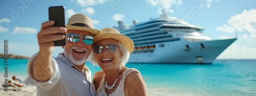 An elderly couple taking selfie photographs with their smartphone in front of the luxury cruise ship