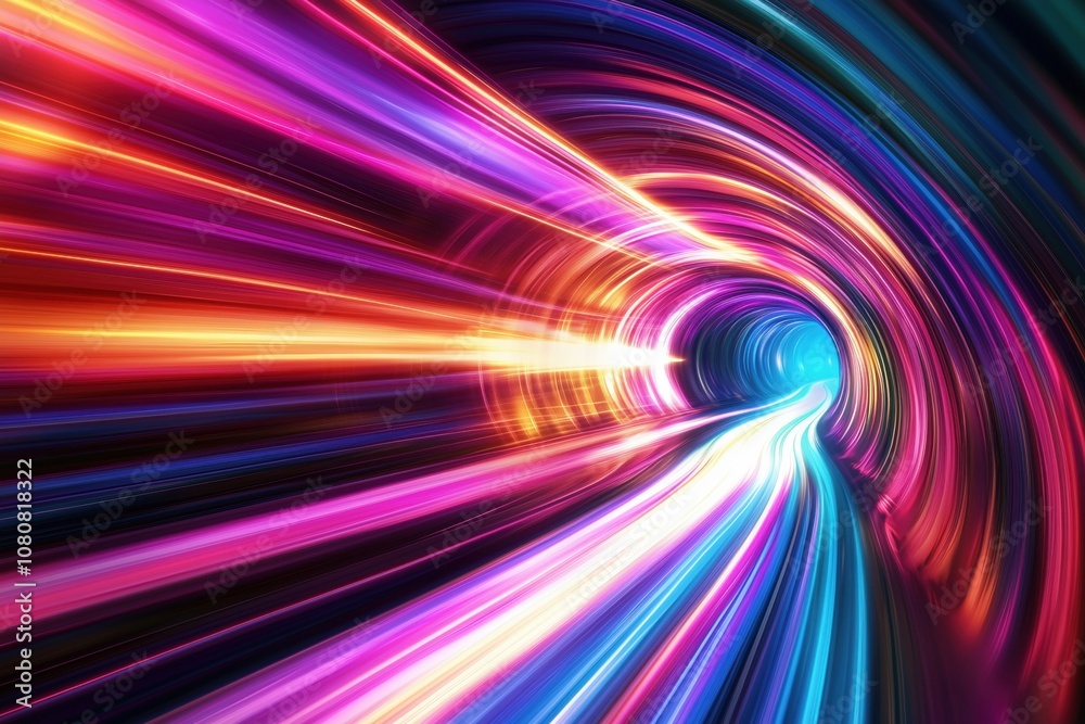 Colorful light tunnel with vibrant streaks, dynamic motion, swirling patterns, and bright blue exit Colorful light tunnel with vibrant streaks, dynamic motion, swirling patterns, and bright blue exit