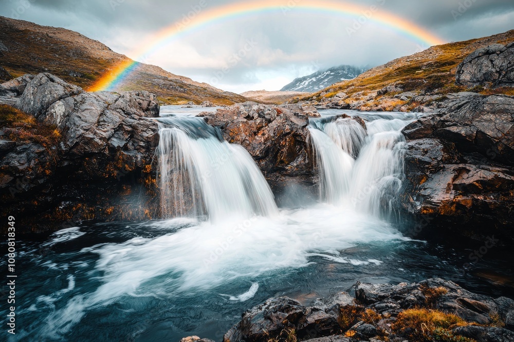A scenic waterfall with a vibrant rainbow above, surrounded by rugged rocks and lush greenery, capturing the beauty of nature.