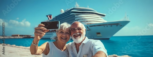 An elderly couple taking selfie photographs with their smartphone in front of the luxury cruise ship