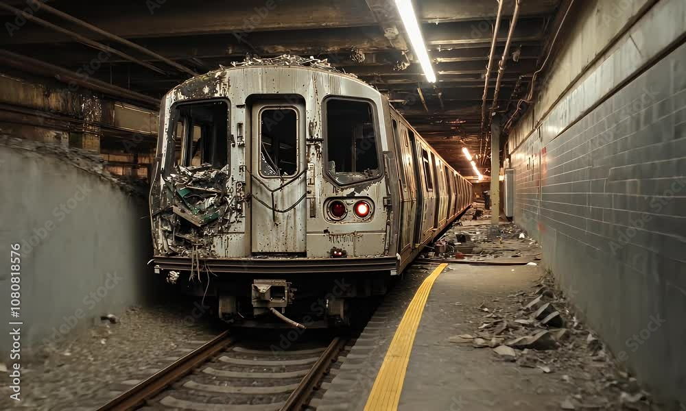 A wrecked subway train sits on the tracks in a derelict station, debris scattered around. A wrecked subway train sits on the tracks in a derelict station, debris scattered around.
