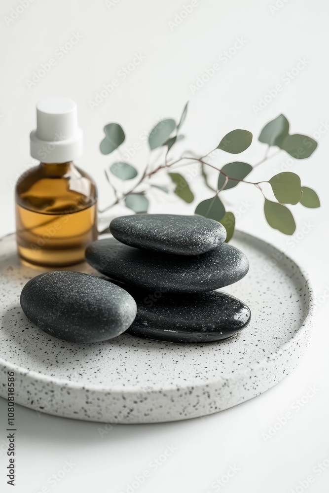 Black stones, oil bottle, eucalyptus on a plate. Black stones, oil bottle, eucalyptus on a plate.