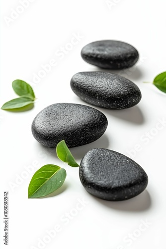 Black stones and green leaves on white background.