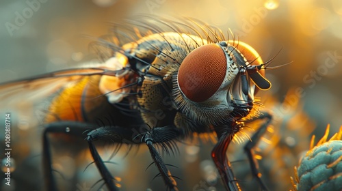 A stunning depiction of a fly resting on a leaf, illuminated by soft morning sunlight, highlighting its vivid colors and delicate features with dew droplets