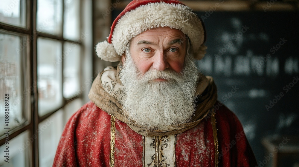 Festive santa claus in cozy cabin setting bringing holiday cheer in winter wonderland Festive santa claus in cozy cabin setting bringing holiday cheer in winter wonderland