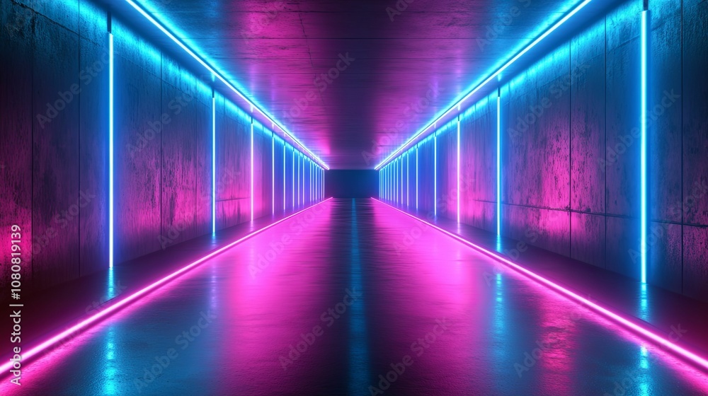 Neon Lights Illuminating a Concrete Tunnel Neon Lights Illuminating a Concrete Tunnel