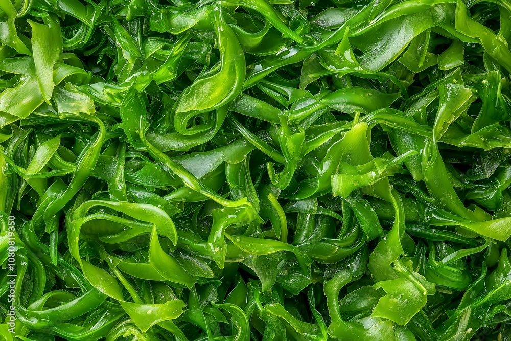 Close-Up of a Pile of Seaweed Salad, Highlighting Its Vibrant Green Color and Tender Texture. Ideal for Asian Cuisine Promotions, Health Food Blogs, or Vegetarian Recipe Content Close-Up of a Pile of Seaweed Salad, Highlighting Its Vibrant Green Color and Tender Texture. Ideal for Asian Cuisine Promotions, Health Food Blogs, or Vegetarian Recipe Content