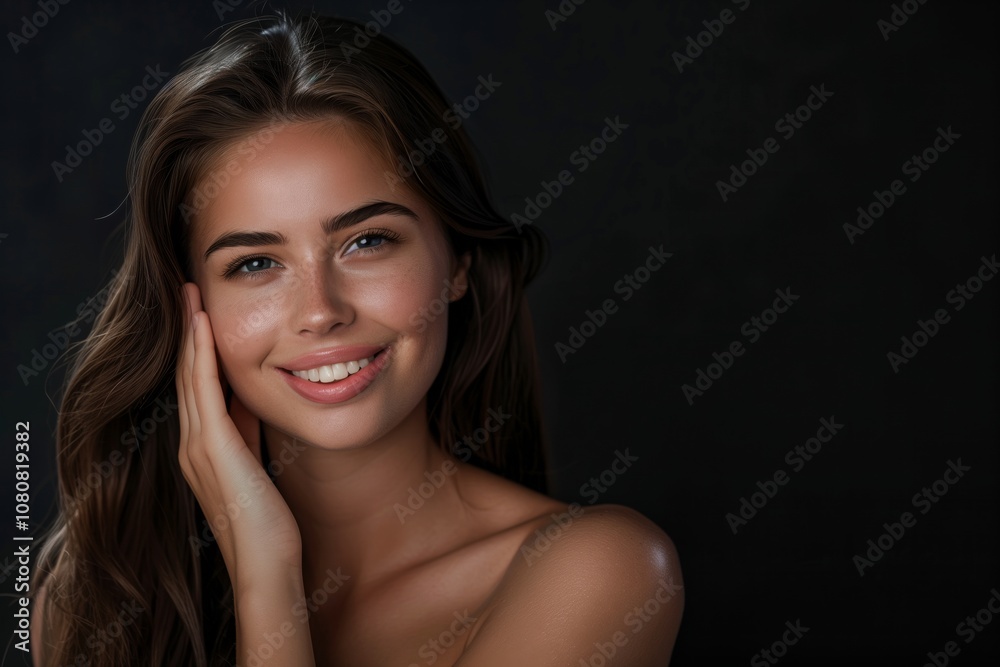 The stunning portrait features a confident and alluring young lady smiling with grace and charm against a dark background, radiating confidence and elegance with her refined expression The stunning portrait features a confident and alluring young lady smiling with grace and charm against a dark background, radiating confidence and elegance with her refined expression