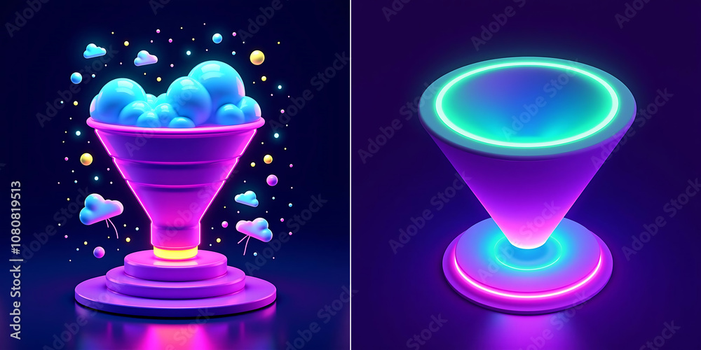 Neon Funnel with Clouds on a Purple Platform Neon Funnel with Clouds on a Purple Platform