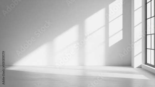 Bright and Minimalist Interior Space with Soft Natural Light Streaming Through Large Windows Creating Dynamic Shadow Patterns on the Floor