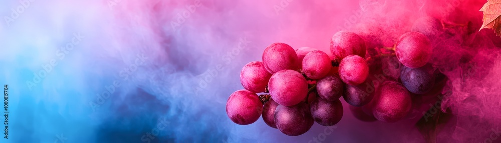 A vibrant bunch of grapes emerges from a dreamy haze of blue and pink smoke, perfect for food and beverage advertising, health-related content, or creative design projects, A vibrant bunch of grapes emerges from a dreamy haze of blue and pink smoke, perfect for food and beverage advertising, health-related content, or creative design projects,