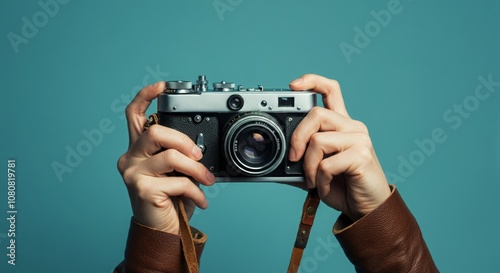 Hands Holding Vintage Film Camera with Strap