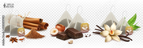 Vector realistic set of natural winter spices for mulled wine. Organic tea bags, brewing. Vanilla, chocolate flavor, cinnamon. Food illustration, packaging design element
